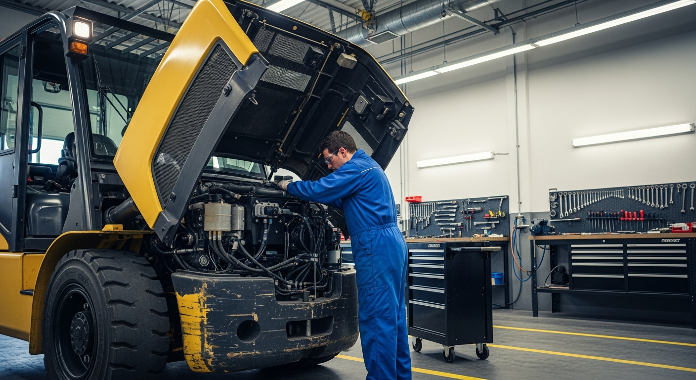 Forklift technician servicing equipment